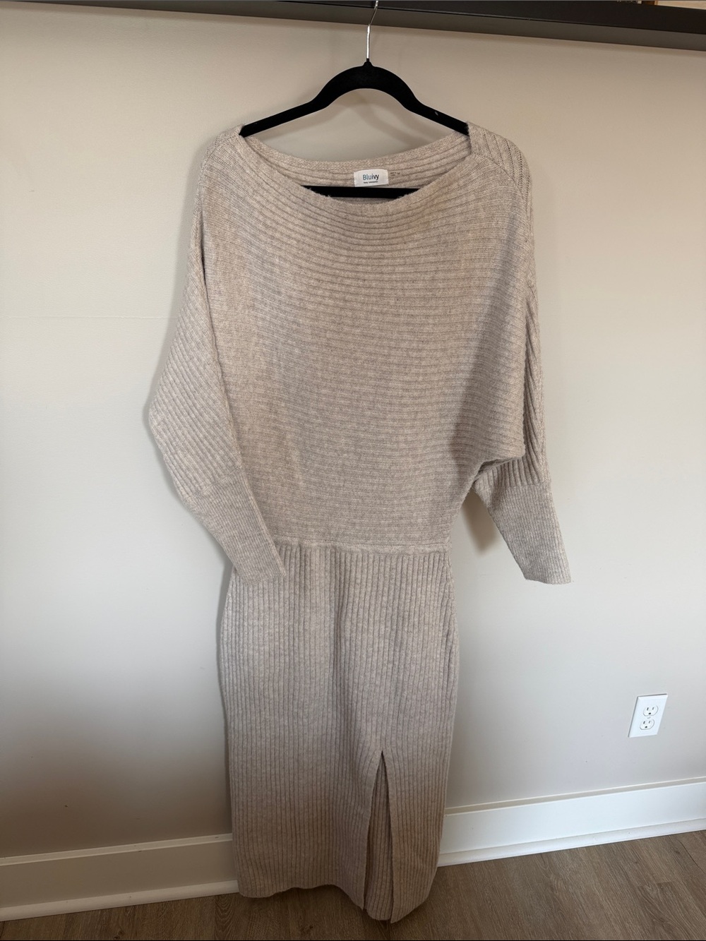 Bluivy Beige Ribbed Knit Midi Dress